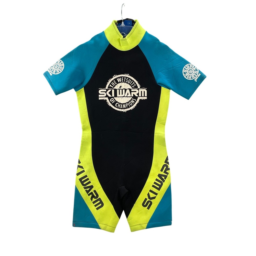 Ski Warm Wetsuit Womens Medium‎ Black Neon Yellow Teal Vintage Shorty Surfing